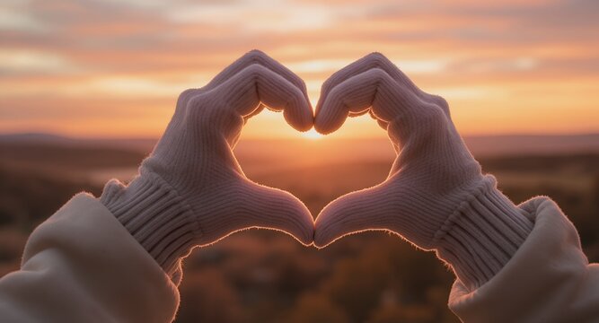 Heart-shaped hands against sunset, love, romance, hope, warm colors, winter, cozy feeling, knitted gloves, autumn, sunrise, golden hour, peaceful, serene, tranquil, nature background, outdoor sce