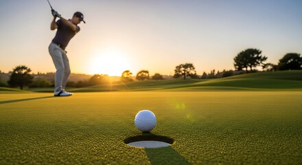 Golfer in action on a vibrant green golf course at sunrise, showcasing a perfect shot about to sink into the hole.