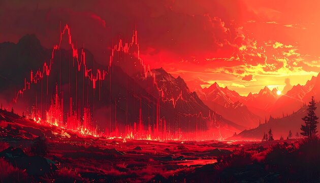 Fiery mountain city at sunset