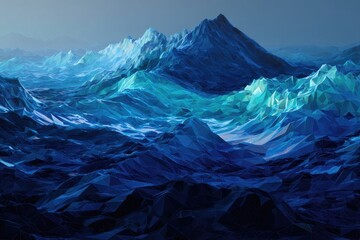 Low-poly mountainscape in shades of blue and teal under a dusky sky
