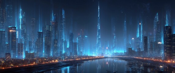 Tech city, shuttling light, futuristic, abstract architecture, blue metropolis