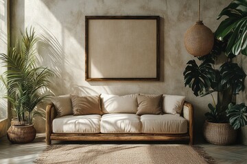 A neutral living room design featuring a wooden couch, statement plants, and a framed canvas print, bathed in natural light.