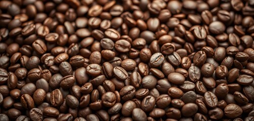 Fototapeta premium Rich brown coffee beans background texture, close-up view, detail, coffee beans
