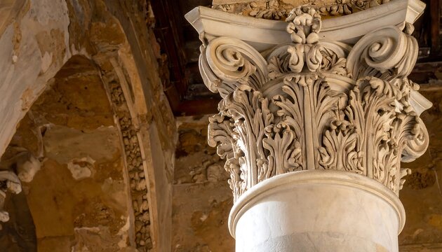Ornate column capital detail in aged building