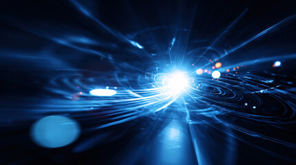 Dynamic Tech Burst: Radiant Light Source with Rotating Rings in Deep Blue Abstract Scene