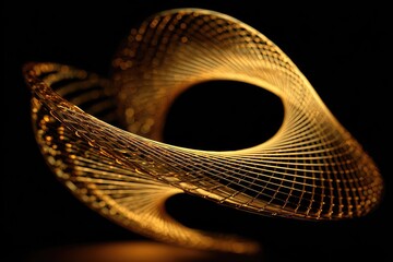 Golden, abstract, wireframe form swirling in dark space