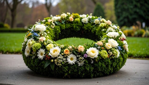 Lush floral wreath, pastel hues, green base