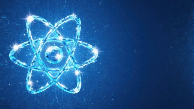 Shimmering atomic structure glowing with bright energy against a deep blue technological background, symbolizing innovation and discovery.