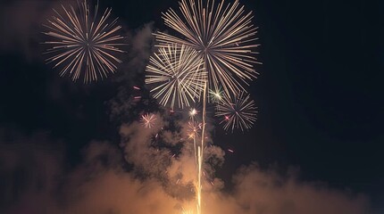 A night sky bursting with fireworks under volumetric lighting, creating a soft, dreamy atmosphere with visible light beams through atmospheric haze
