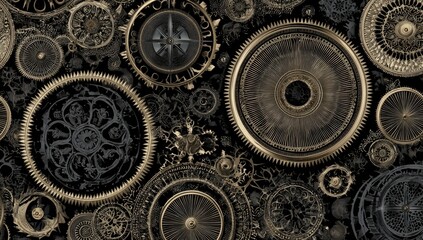 Obraz premium A complex design features intricate gears and cogs in a dark gold and black color scheme.