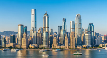 Fototapeta premium Panoramic View of Modern Skyscrapers Against a Clear Blue Sky