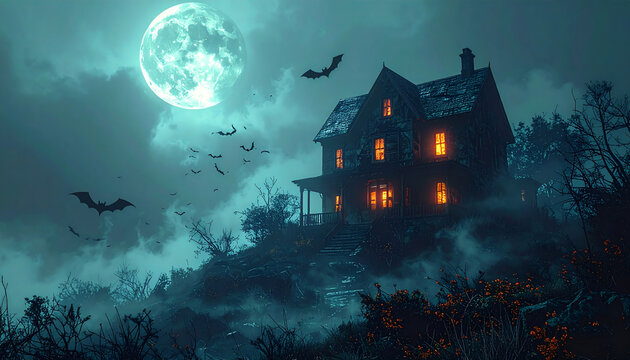 Dark haunted forest background with full moon casting eerie shadows