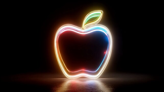 Vibrant neon apple icon glowing on black, perfect for tech startup branding or a modern, energetic logo, creating a futuristic, eye-catching visual statement
