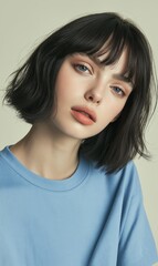 Fototapeta premium Asian woman with black hair bangs shoulder-length bob haircut wearing blue t-shirt against light background natural makeup minimalist fashion magazine style cool pose