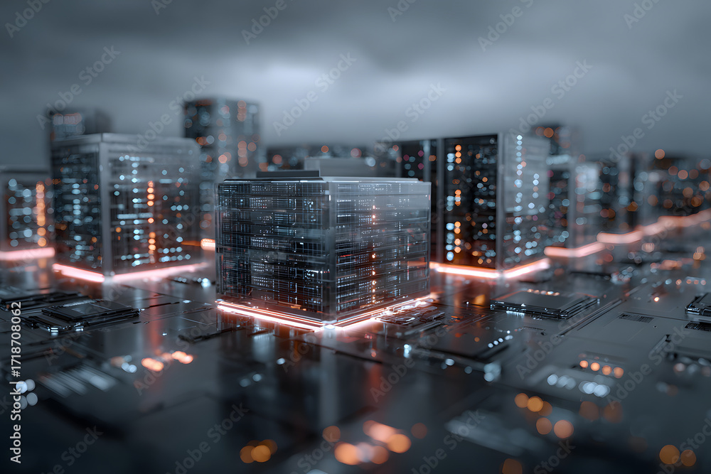 Poster cloud storage server futuristic technology cyber-world 3d ai illustration: datacenter with global ne