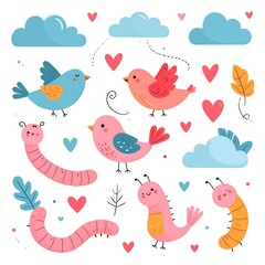 Cute birds and worms in a springy scene