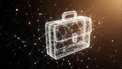 Digital wireframe briefcase glowing against a network of glowing nodes and lines, symbolizing data and connectivity.
