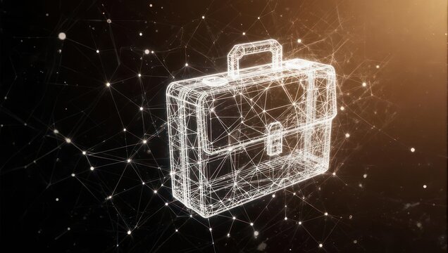 Digital wireframe briefcase glowing against a network of glowing nodes and lines, symbolizing data and connectivity.