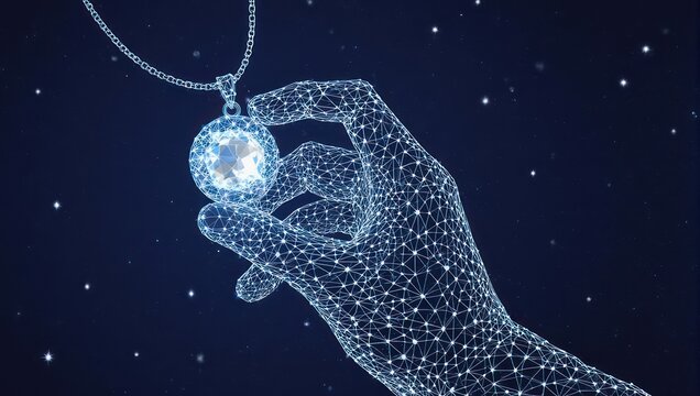 Stunning digital hand reveals a radiant diamond pendant, symbolizing innovation, luxury, and the future of technology in a cosmic galaxy.