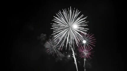 Fototapeta premium Classic black and white with bright lens flare a timeless and elegant view of the night sky full of beautiful fireworks, featuring light streaks and vibrant colors