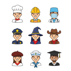 A collection of cartoon character avatars representing various professions like chef doctor and police officer.