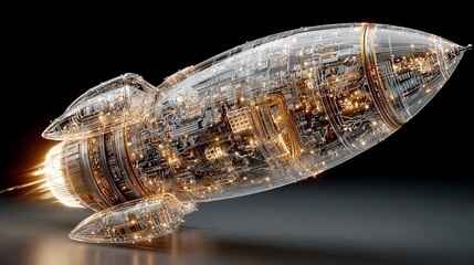Futuristic rocket ship with intricate circuitry and glowing lights propelling forward into the future, symbolizing innovation and technological advancement