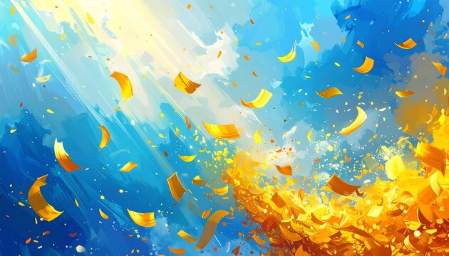 Golden confetti falls from bright sky
