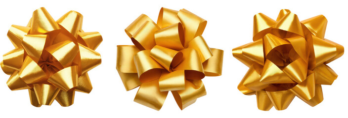 Shiny golden bow and ribbon decoration isolated on a white background for gift wrapping a present for a celebration or holiday like Christmas or a birthday