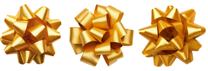 Shiny golden bow and ribbon decoration isolated on a white background for gift wrapping a present for a celebration or holiday like Christmas or a birthday