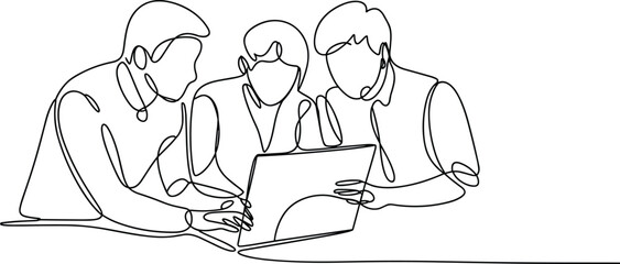 Continuous line drawing, three people collaborating at laptop, teamwork, discussion, technology concept, minimalist art, business meeting, unity, communication, education illustration