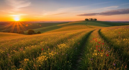 Fototapeta premium Sunset over golden field with path and hill.