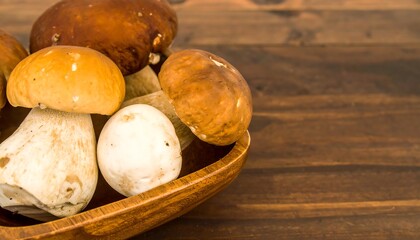 Edible mushrooms in wooden bowl