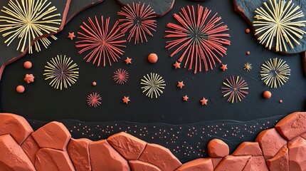 Distinct split sculptural clay art a view of the night sky full of beautiful fireworks, rendered with modeled shapes, textured, divided sections, and bold areas