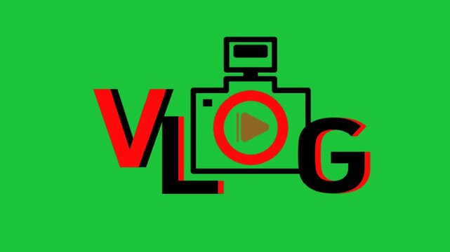 Animated "VLOG" with camera icon on green screen. Perfect for vlogs, social media, and video content. Easy chroma key. Seamless loop