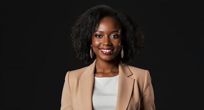 Smiling businesswoman portrait, professional headshot, corporate woman, African American model, beige blazer, dark background, studio shot, happy expression, confident, successful, female executi