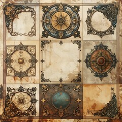 Ornate decorative tiles with antique, metallic frames