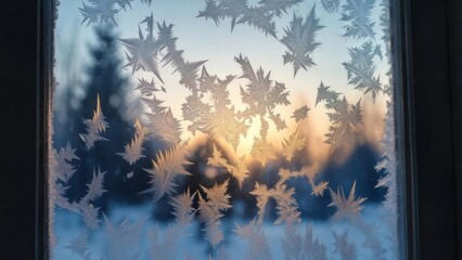Stunning frost patterns bloom on windowpane at sunrise, framing a serene winter forest scene with warm golden light.