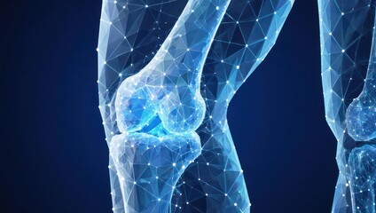 Stunning abstract digital rendering of a human knee joint, showcasing intricate geometric patterns and glowing nodes against a dark blue background, perfect for medical and science innovation.