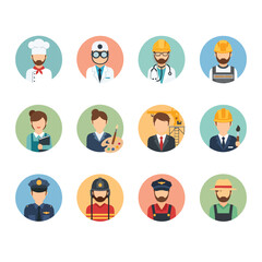 Fototapeta premium A diverse collection of professional worker avatars in circular flat design icons.
