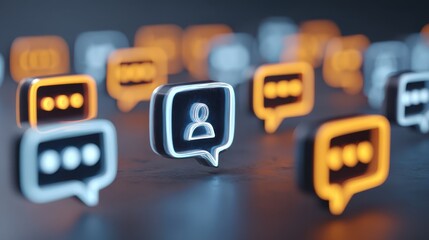 A digital illustration of glowing chat and user icons representing online communication and social interaction.