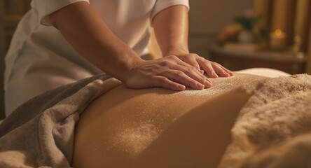 Spa Treatment, Salt Scrub, Body Exfoliation, Wellness, Relaxation, Massage Therapy, Skincare, Beauty, Healthy Lifestyle, Body Care, Treatment, Back Massage, Hands Applying Salt, Spa Day, Pamperin