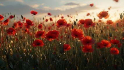 Obraz premium Vibrant red poppies sway gently in a golden sunset field, evoking peace and natural beauty in a serene landscape.