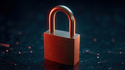 An isolated golden padlock rests securely against a textured dark surface accentuated by glowing orange sparks and circuit patterns overall.