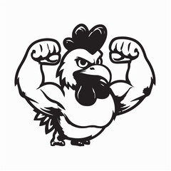 Flexing Muscular Rooster Cartoon Vector Logo on white background