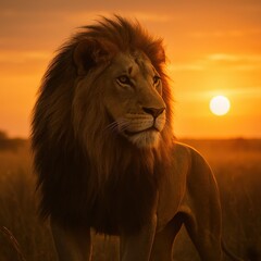 Majestic Lion in Golden Sunset Grassland
