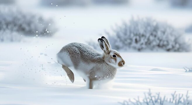 Arctic hare dashes across a snowy landscape, realistic 3D depiction of the animal in its natural habitat