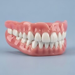 Obraz premium Studio photograph demonstrating full denture set on a light blue background