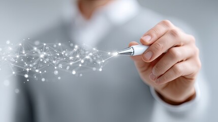 Close Up of Hand Holding Pen with Abstract Digital Connection over Gray Background Highlighting Connectivity and Technology Concepts