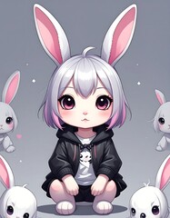 Cute bunny girl surrounded by bunnies