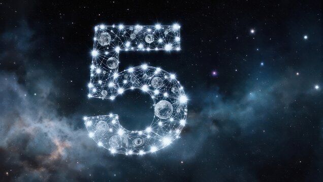 Discover the future and innovation with glowing digital network number five against a stunning cosmic backdrop - Powered by Adobe